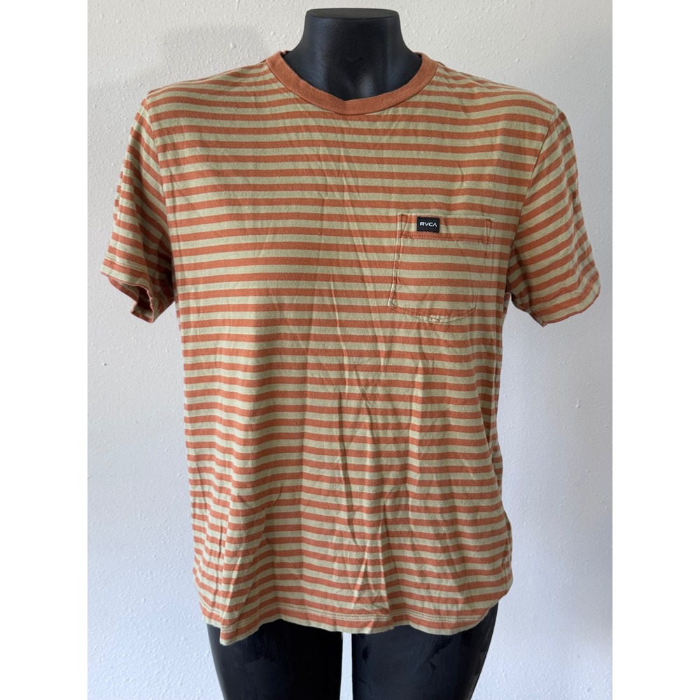 RVCA Mens sz M Orange Tan Striped Pocket T-Shirt Short Sleeve Crew Neck